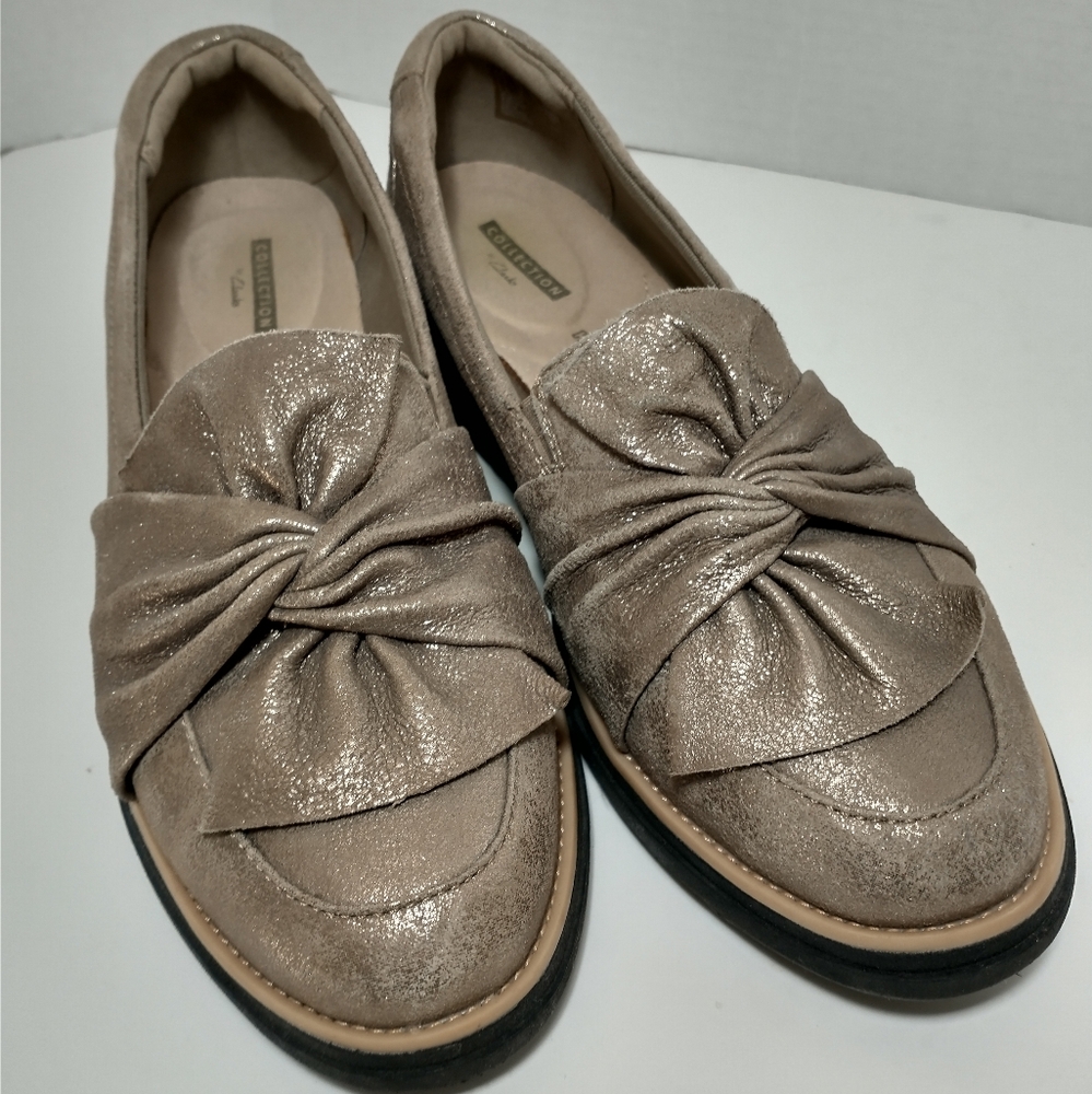 Clarks Collection Gold Sparkle Holiday‎ Wedge Loafer, Size 9.5, Christmas